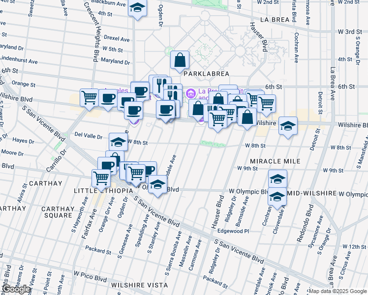 map of restaurants, bars, coffee shops, grocery stores, and more near 809 South Stanley Avenue in Los Angeles
