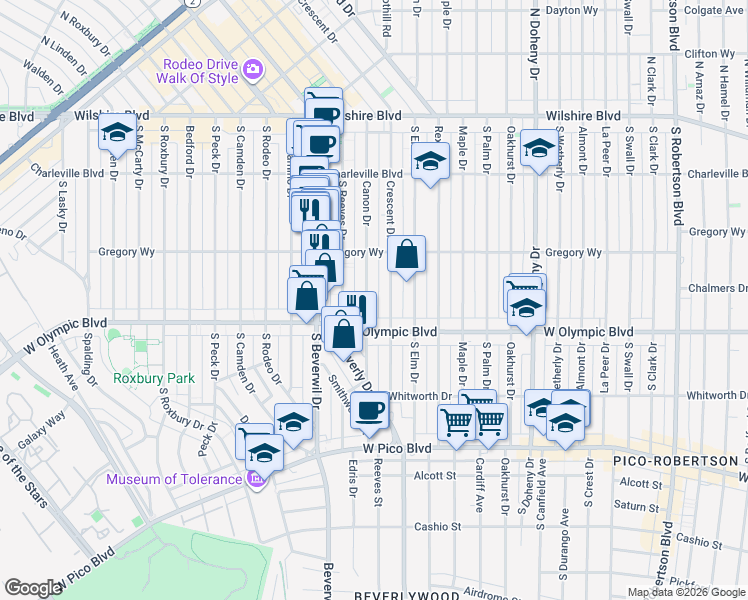 map of restaurants, bars, coffee shops, grocery stores, and more near 344 South Canon Drive in Beverly Hills