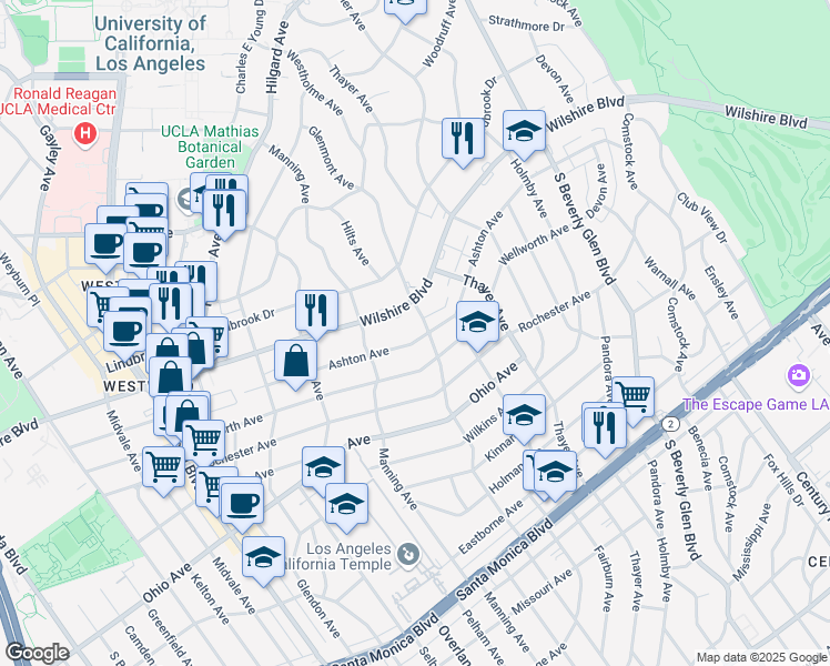 map of restaurants, bars, coffee shops, grocery stores, and more near 10611 Ashton Avenue in Los Angeles