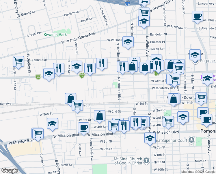 map of restaurants, bars, coffee shops, grocery stores, and more near 867 West Monterey Avenue in Pomona