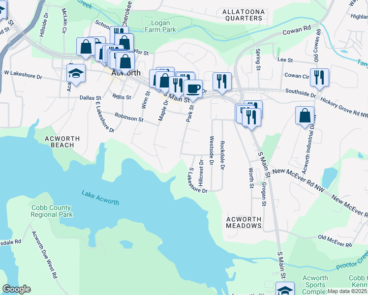 map of restaurants, bars, coffee shops, grocery stores, and more near 4354 Park Street in Acworth
