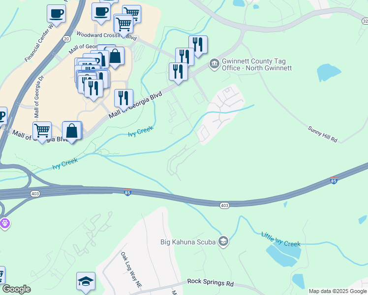 map of restaurants, bars, coffee shops, grocery stores, and more near 1839 Appaloosa Mill Circle Northeast in Buford