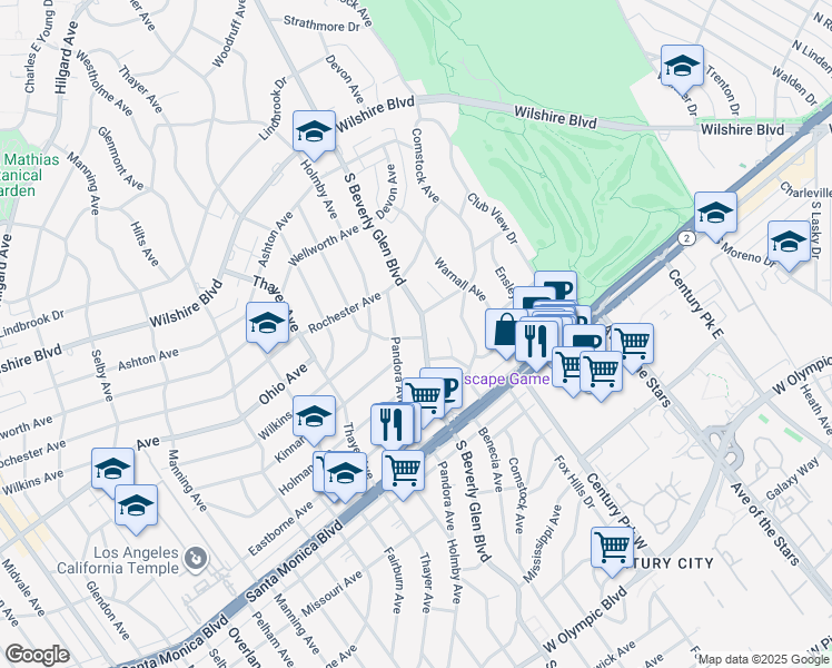 map of restaurants, bars, coffee shops, grocery stores, and more near 1554 Woodruff Avenue in Los Angeles