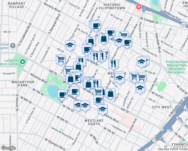 map of restaurants, bars, coffee shops, grocery stores, and more near 417 South Bonnie Brae Street in Los Angeles