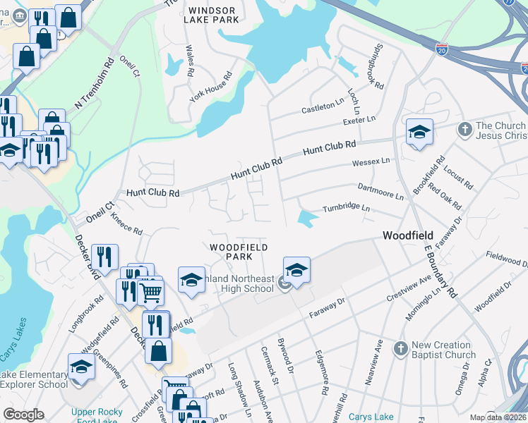 map of restaurants, bars, coffee shops, grocery stores, and more near 7602 Hunt End Court in Columbia