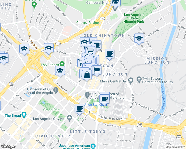 map of restaurants, bars, coffee shops, grocery stores, and more near 702 North Broadway in Los Angeles