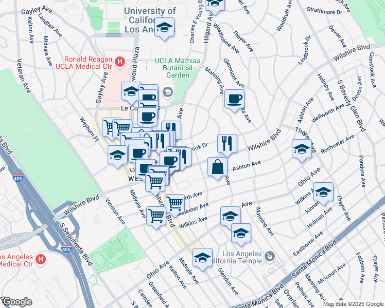 map of restaurants, bars, coffee shops, grocery stores, and more near 10800 Lindbrook Drive in Los Angeles