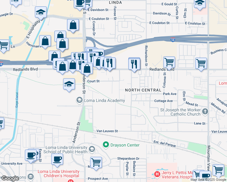 map of restaurants, bars, coffee shops, grocery stores, and more near 10645 Lind Avenue in Loma Linda