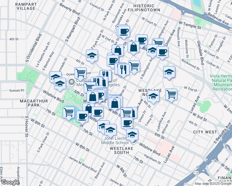 map of restaurants, bars, coffee shops, grocery stores, and more near 243 South Westlake Avenue in Los Angeles