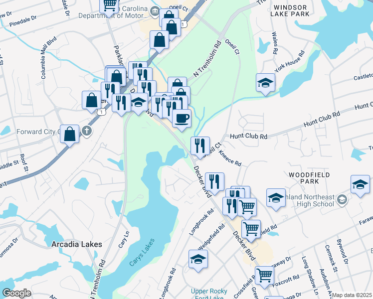 map of restaurants, bars, coffee shops, grocery stores, and more near 2719 Decker Boulevard in Columbia