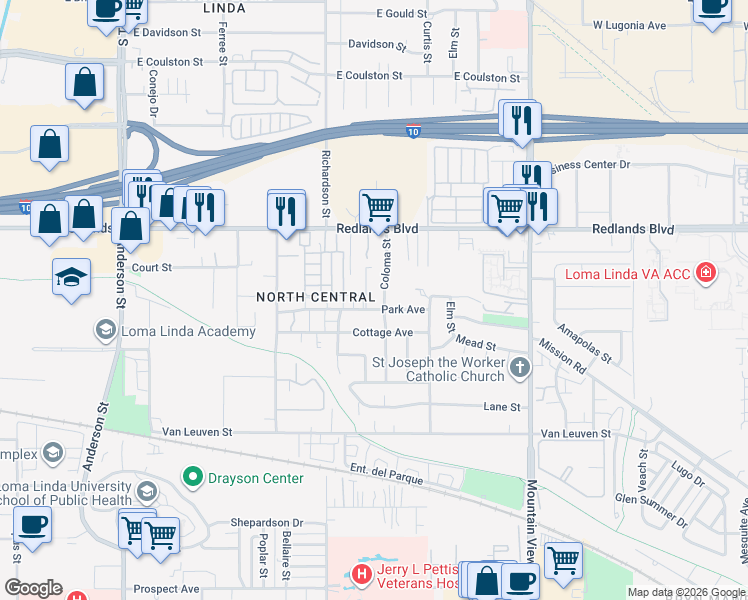 map of restaurants, bars, coffee shops, grocery stores, and more near 10642 Coloma Street in Loma Linda