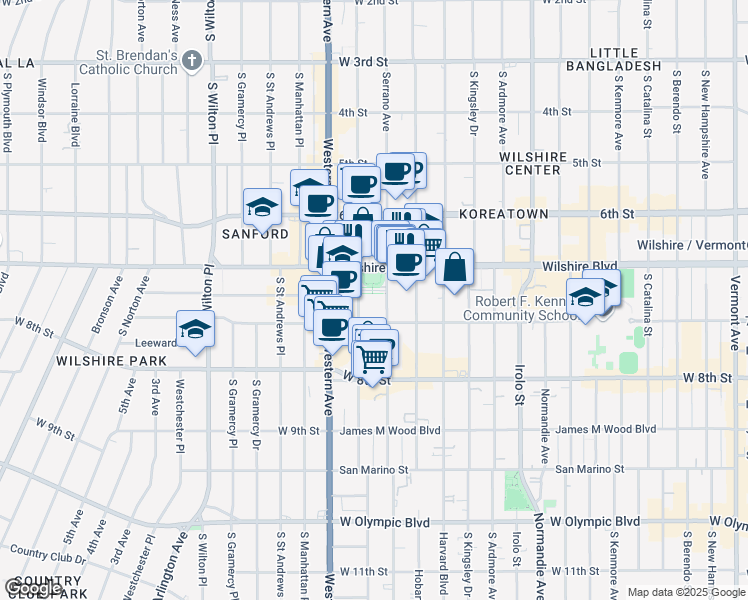 map of restaurants, bars, coffee shops, grocery stores, and more near 3680 Wilshire Boulevard in Los Angeles