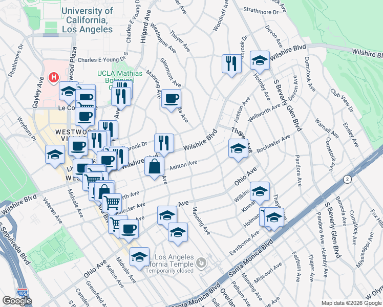 map of restaurants, bars, coffee shops, grocery stores, and more near 10660 Wilshire Boulevard in Los Angeles