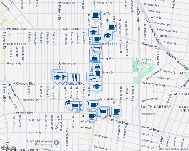 map of restaurants, bars, coffee shops, grocery stores, and more near 344 South Clark Drive in Beverly Hills
