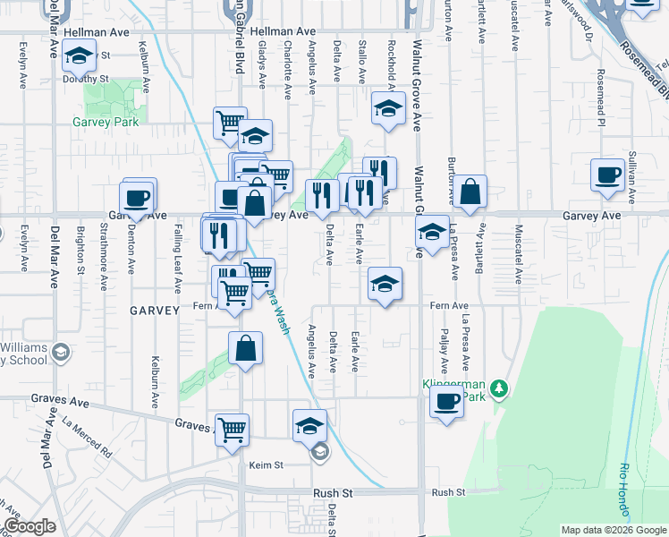 map of restaurants, bars, coffee shops, grocery stores, and more near 2656 Delta Avenue in Rosemead