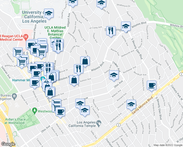 map of restaurants, bars, coffee shops, grocery stores, and more near 10660 Wilshire Boulevard in Los Angeles
