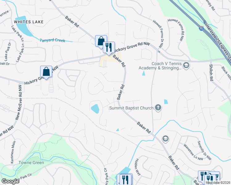 map of restaurants, bars, coffee shops, grocery stores, and more near 2509 Thorngate Drive in Acworth