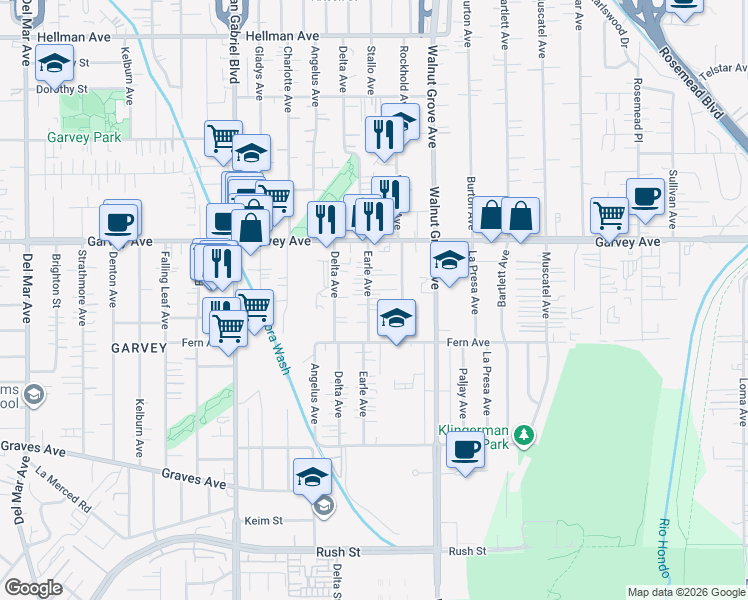 map of restaurants, bars, coffee shops, grocery stores, and more near 2652 Earle Avenue in Rosemead