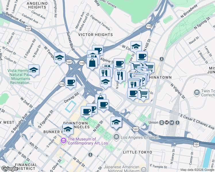 map of restaurants, bars, coffee shops, grocery stores, and more near 701 East Cesar E Chavez Avenue in Los Angeles