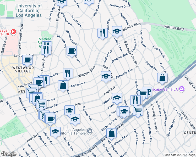 map of restaurants, bars, coffee shops, grocery stores, and more near 10592 Ashton Ave in Los Angeles