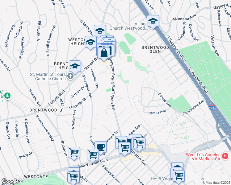 map of restaurants, bars, coffee shops, grocery stores, and more near 410 South Barrington Avenue in Los Angeles