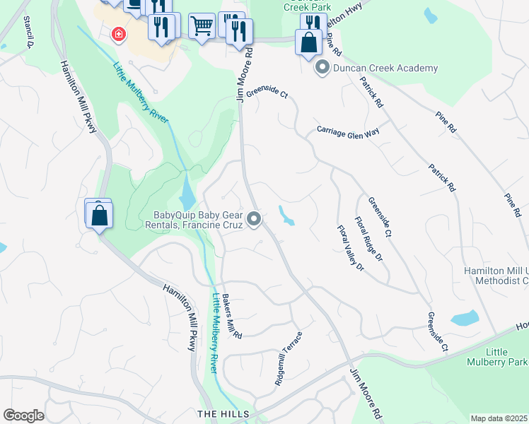 map of restaurants, bars, coffee shops, grocery stores, and more near 4024 Jim Moore Road in Dacula