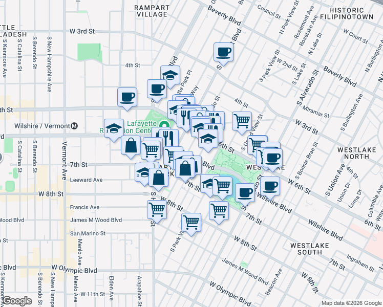 map of restaurants, bars, coffee shops, grocery stores, and more near 2515 Wilshire Boulevard in Los Angeles