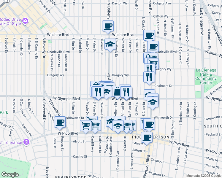 map of restaurants, bars, coffee shops, grocery stores, and more near 345 South Wetherly Drive in Beverly Hills
