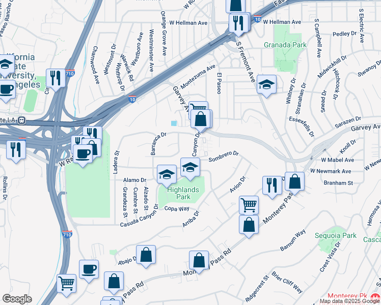map of restaurants, bars, coffee shops, grocery stores, and more near 157 Casuda Canyon Drive in Monterey Park
