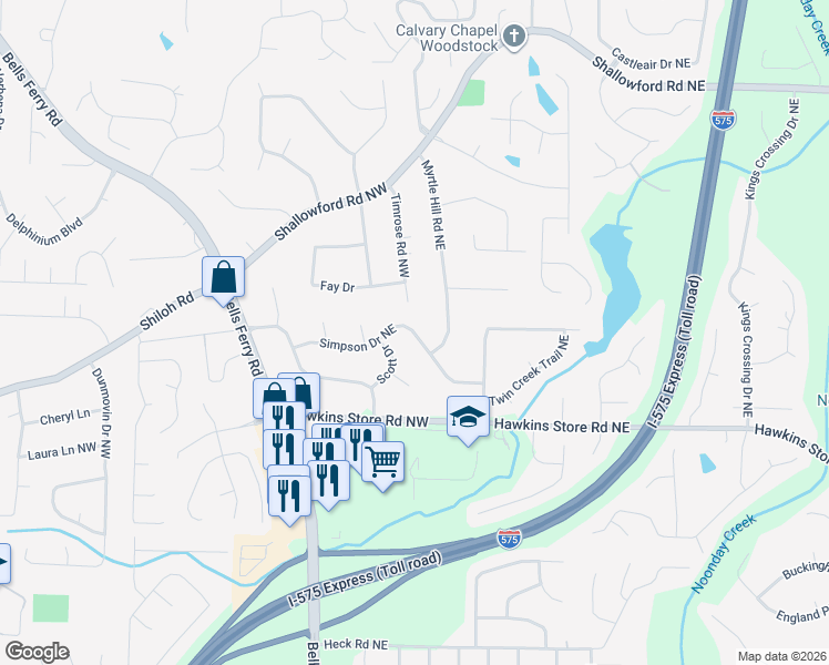 map of restaurants, bars, coffee shops, grocery stores, and more near 86 Simpson Dr NE in Kennesaw