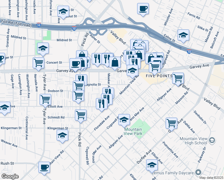 map of restaurants, bars, coffee shops, grocery stores, and more near 2724 Meeker Avenue in El Monte