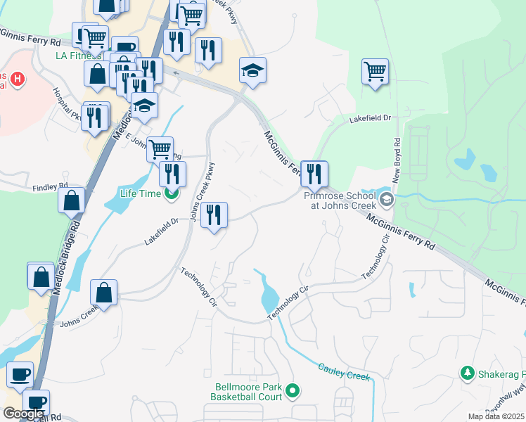 map of restaurants, bars, coffee shops, grocery stores, and more near 11000 Lakefield Place in Johns Creek