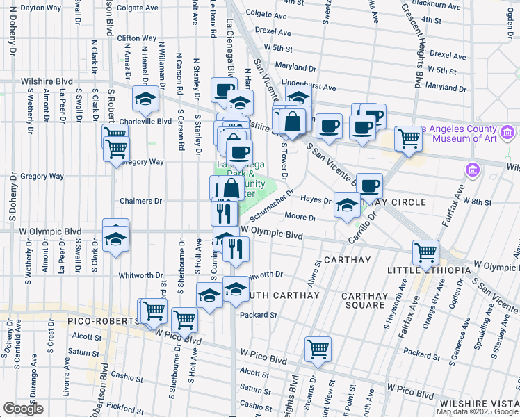 map of restaurants, bars, coffee shops, grocery stores, and more near 949 Schumacher Drive in West Hollywood