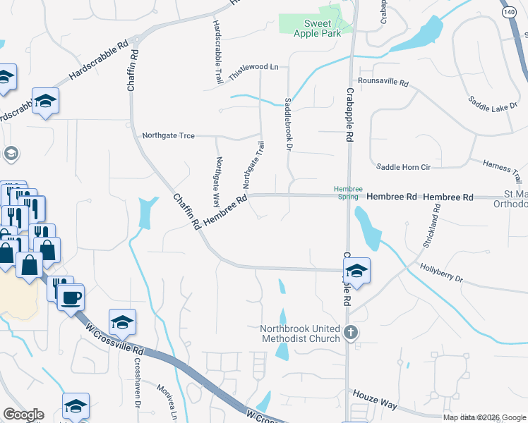 map of restaurants, bars, coffee shops, grocery stores, and more near 105 Northgate Court in Roswell