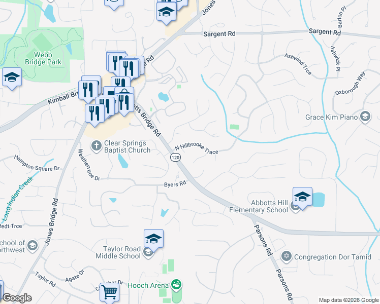 map of restaurants, bars, coffee shops, grocery stores, and more near 110 North Hillbrooke Trail in Alpharetta