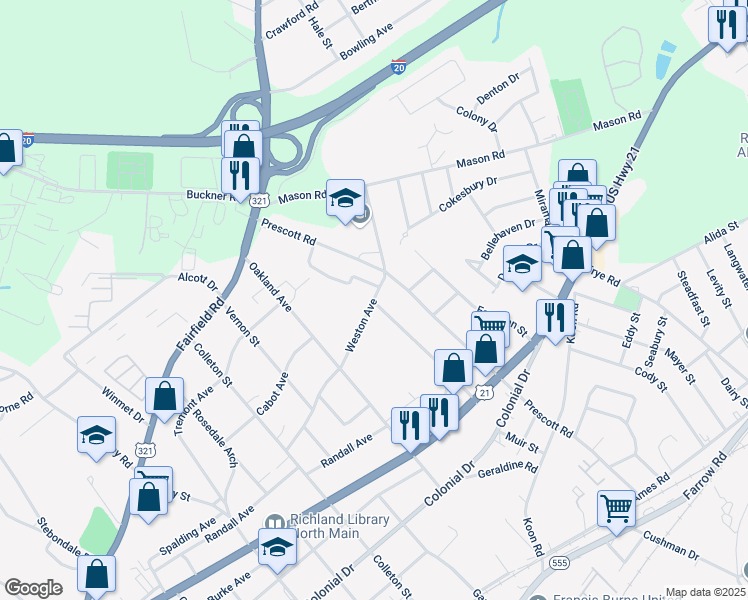 map of restaurants, bars, coffee shops, grocery stores, and more near 5749 Weston Avenue in Columbia