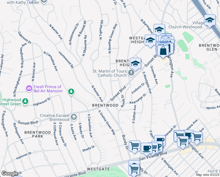 map of restaurants, bars, coffee shops, grocery stores, and more near 143 North Bowling Green Way in Los Angeles