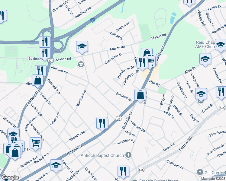 map of restaurants, bars, coffee shops, grocery stores, and more near Eastman Street in Richland County