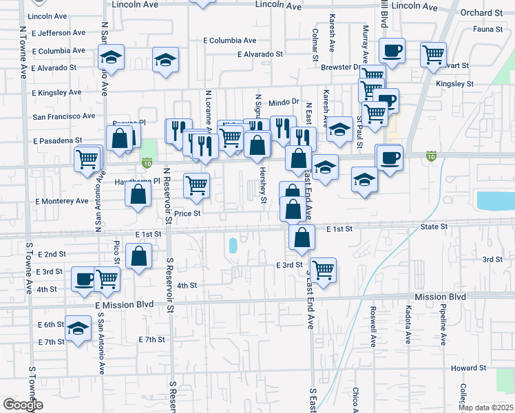 map of restaurants, bars, coffee shops, grocery stores, and more near 205 Hershey Street in Pomona