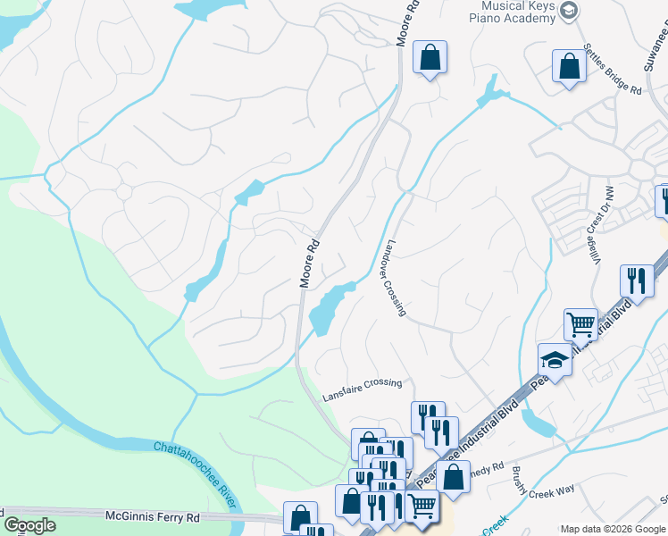 map of restaurants, bars, coffee shops, grocery stores, and more near 931 Lakefaire Landing in Suwanee