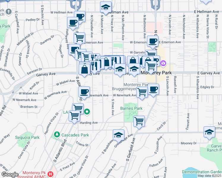 map of restaurants, bars, coffee shops, grocery stores, and more near 225 South Ynez Avenue in Monterey Park