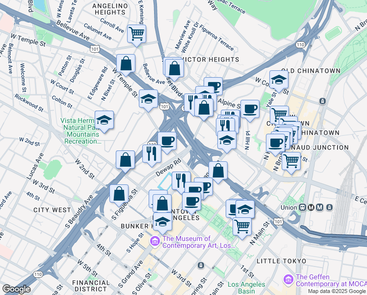 map of restaurants, bars, coffee shops, grocery stores, and more near 427 North Figueroa Street in Los Angeles