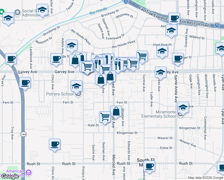 map of restaurants, bars, coffee shops, grocery stores, and more near 2653 Merced Avenue in El Monte