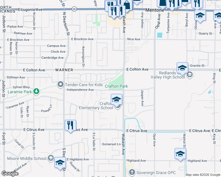 map of restaurants, bars, coffee shops, grocery stores, and more near 1741 Independence Avenue in Redlands
