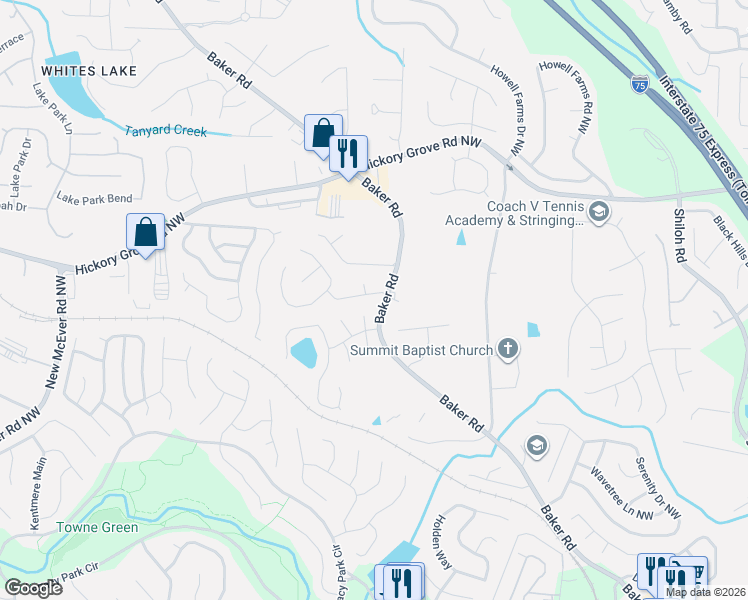 map of restaurants, bars, coffee shops, grocery stores, and more near 2509 Thorngate Drive in Acworth