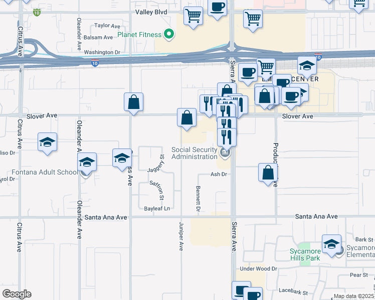 map of restaurants, bars, coffee shops, grocery stores, and more near 10641 Juniper Avenue in Fontana
