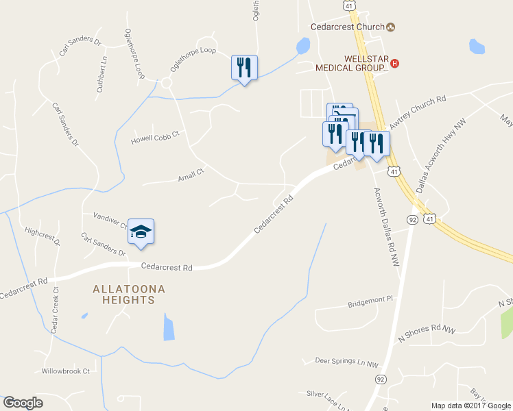 map of restaurants, bars, coffee shops, grocery stores, and more near 6059 Tattnall Ovlk in Acworth