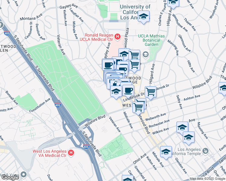 map of restaurants, bars, coffee shops, grocery stores, and more near 1081 Gayley Avenue in Los Angeles