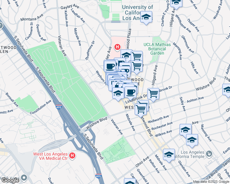 map of restaurants, bars, coffee shops, grocery stores, and more near 1081 Gayley Avenue in Los Angeles