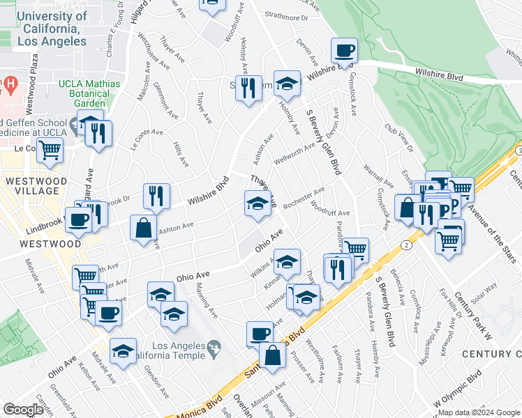 map of restaurants, bars, coffee shops, grocery stores, and more near 10534 Wellworth Avenue in Los Angeles